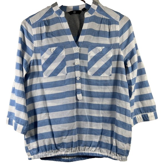 FIG Blue & White Women's Blouse Elastic Hem w Roll-up Tabs Size Medium - Picture 1 of 9
